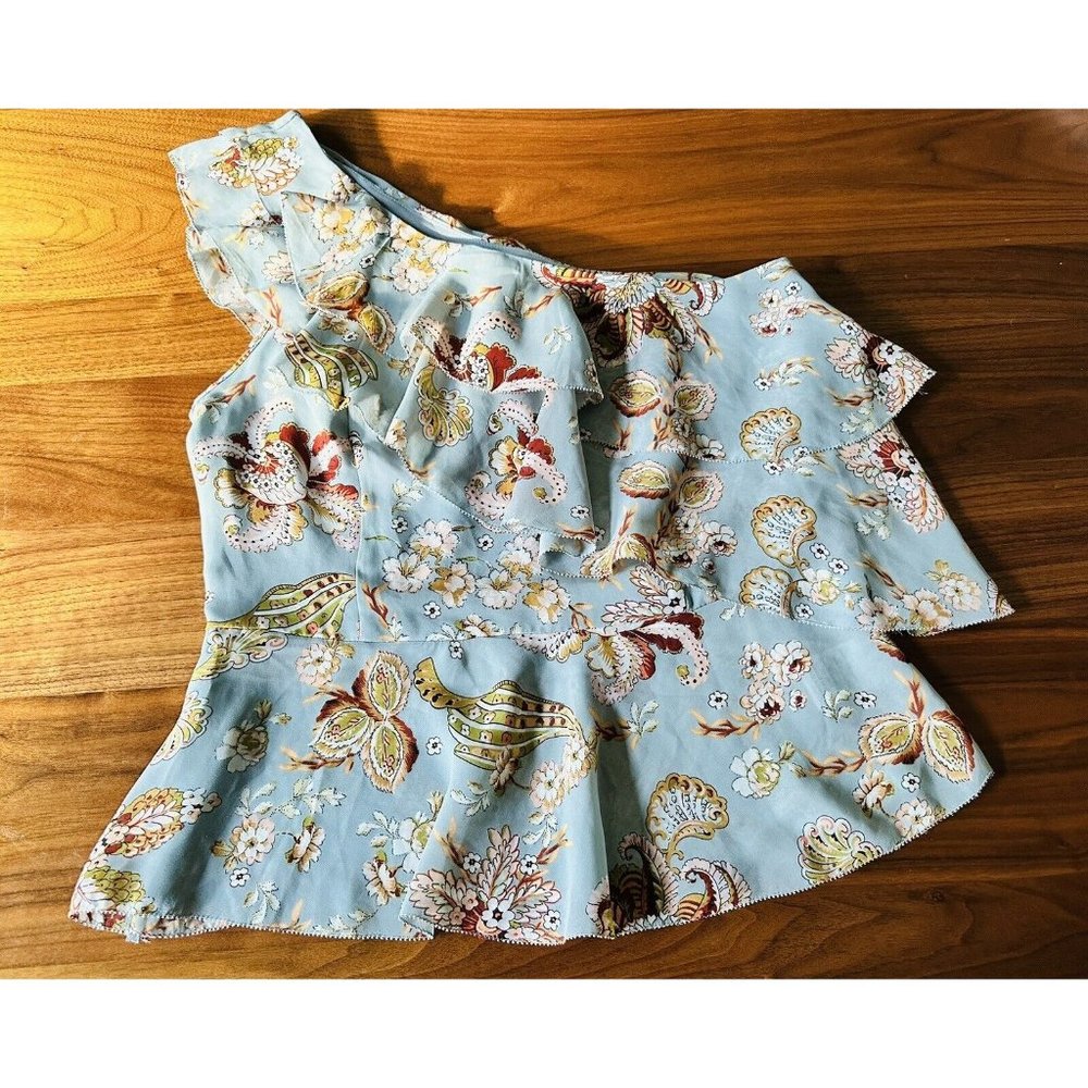 Amaryllis Ruffled One Shoulder Floral Top Size S Light Blue Brown Flowers Blouse